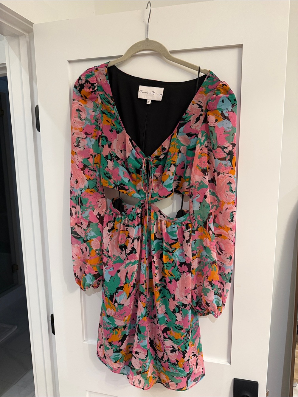 Charles Henry Pink Teal Floral Cutout Mini Dress